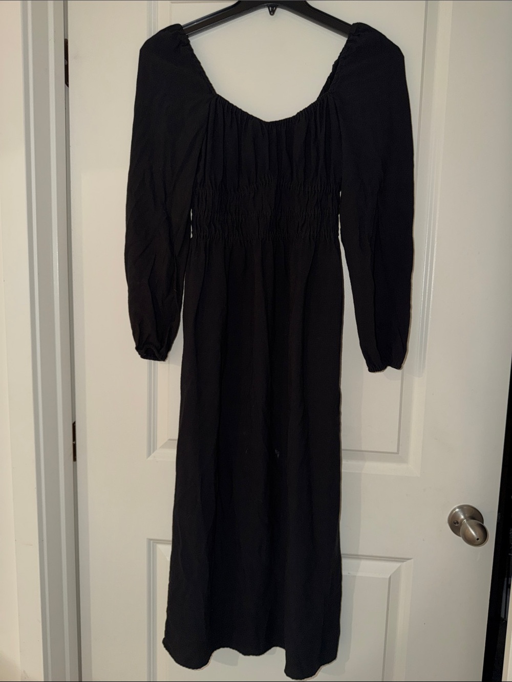 H&M Black Long-Sleeve Smocked Midi Dress